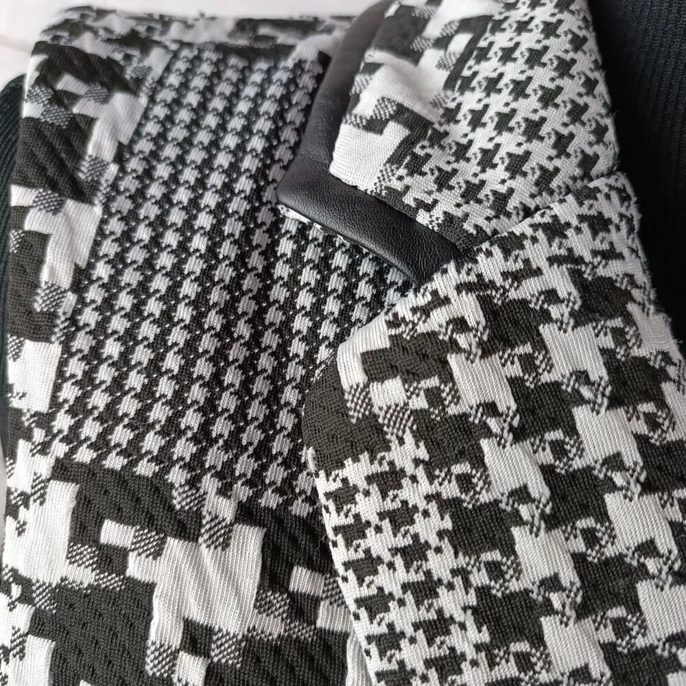 Woman's open sleeveless blazer cardigan houndstooth black white collar Large - Picture 9 of 15